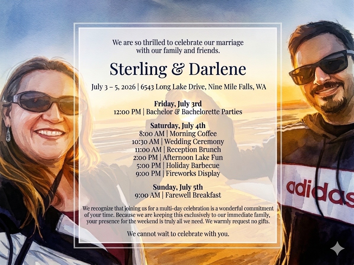 Darlene and Sterling wedding invitation with weekend schedule